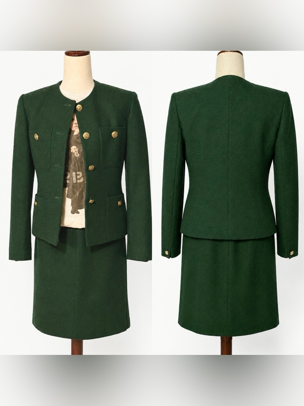 Vintage Jones NY green wool blazer (6) & skirt (4) gold classic buttons-Jackie O